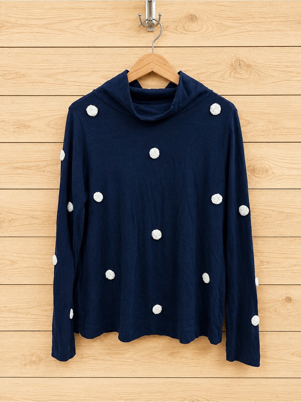 LOFT Navy Pom Pom Cowl Neck Top Size Medium